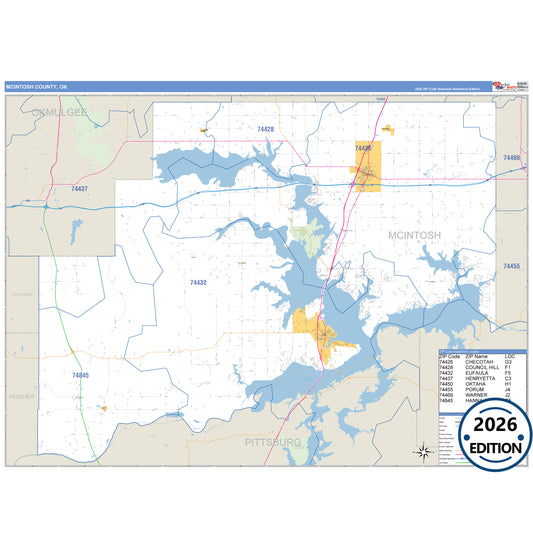 McIntosh County, OK Business Reference 5 Digit ZIP Code Wall Map