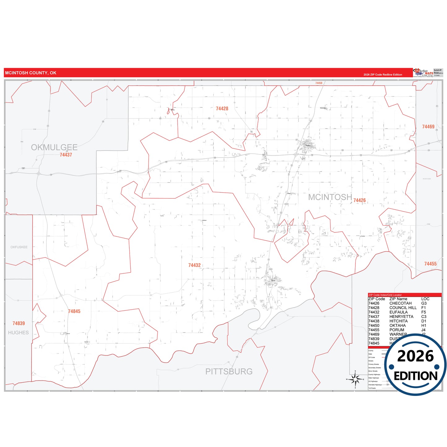 McIntosh County, OK Red Line 5 Digit ZIP Code Wall Map