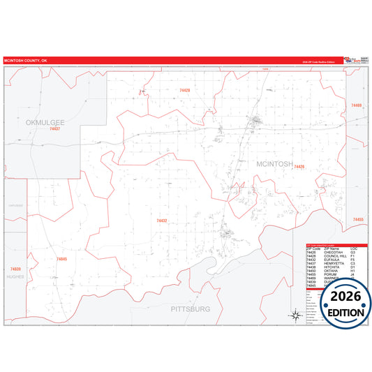 McIntosh County, OK Red Line 5 Digit ZIP Code Wall Map