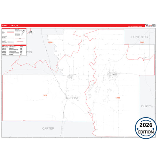 Murray County, OK Red Line 5 Digit ZIP Code Wall Map