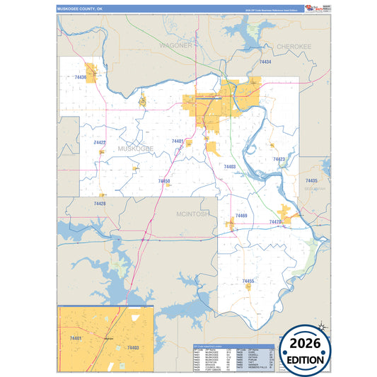Muskogee County, OK Business Reference 5 Digit ZIP Code Wall Map