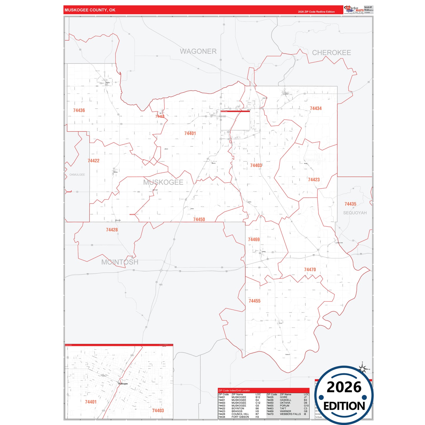 Muskogee County, OK Red Line 5 Digit ZIP Code Wall Map