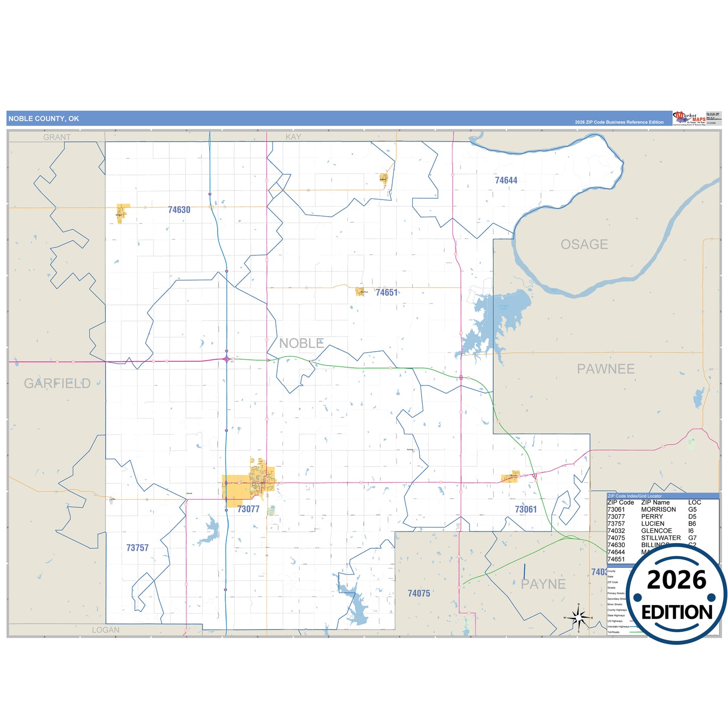 Noble County, OK Business Reference 5 Digit ZIP Code Wall Map