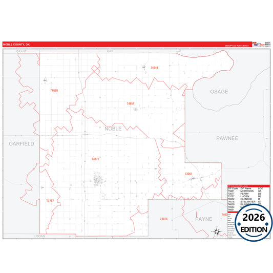 Noble County, OK Red Line 5 Digit ZIP Code Wall Map