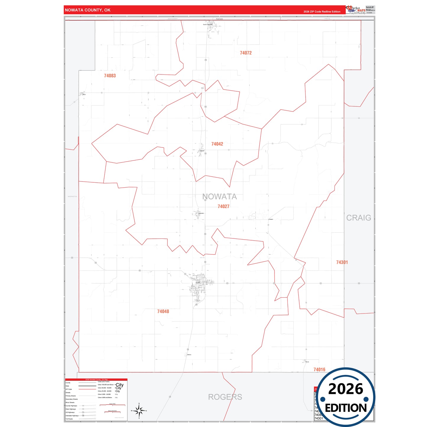 Nowata County, OK Red Line 5 Digit ZIP Code Wall Map