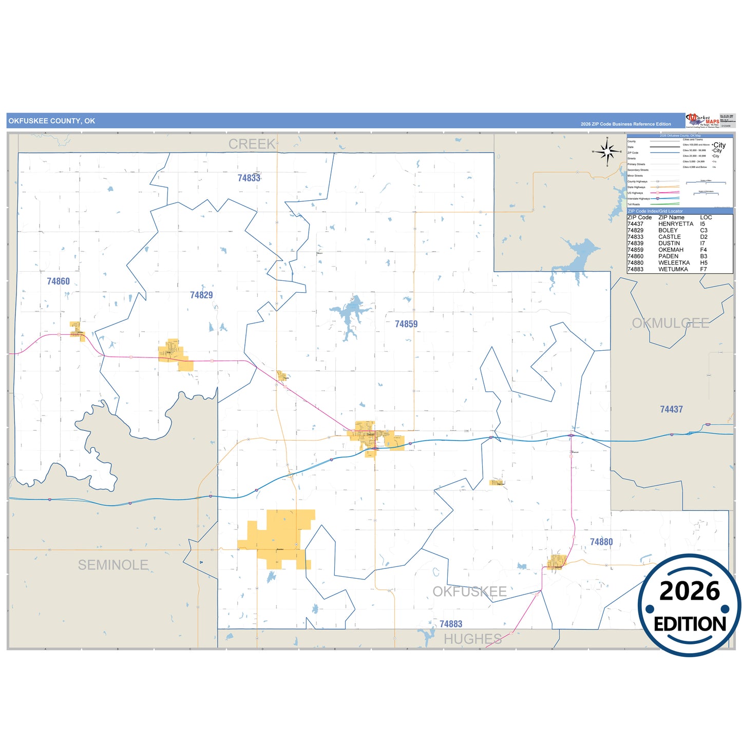 Okfuskee County, OK Business Reference 5 Digit ZIP Code Wall Map