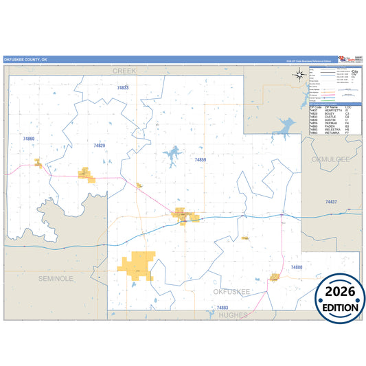 Okfuskee County, OK Business Reference 5 Digit ZIP Code Wall Map