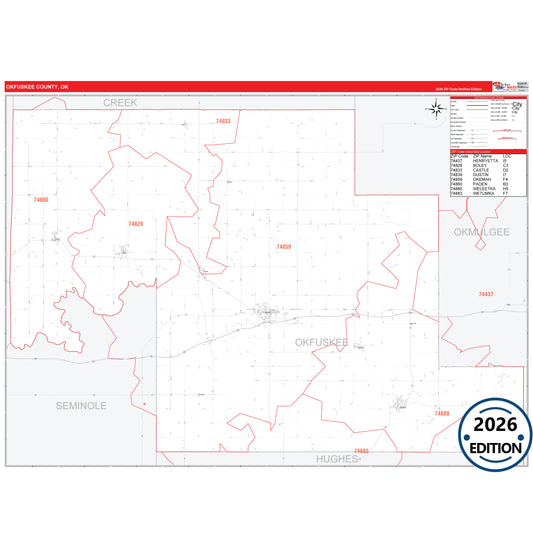 Okfuskee County, OK Red Line 5 Digit ZIP Code Wall Map