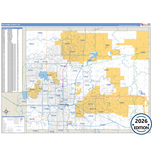Oklahoma County, OK Business Reference 5 Digit ZIP Code Wall Map