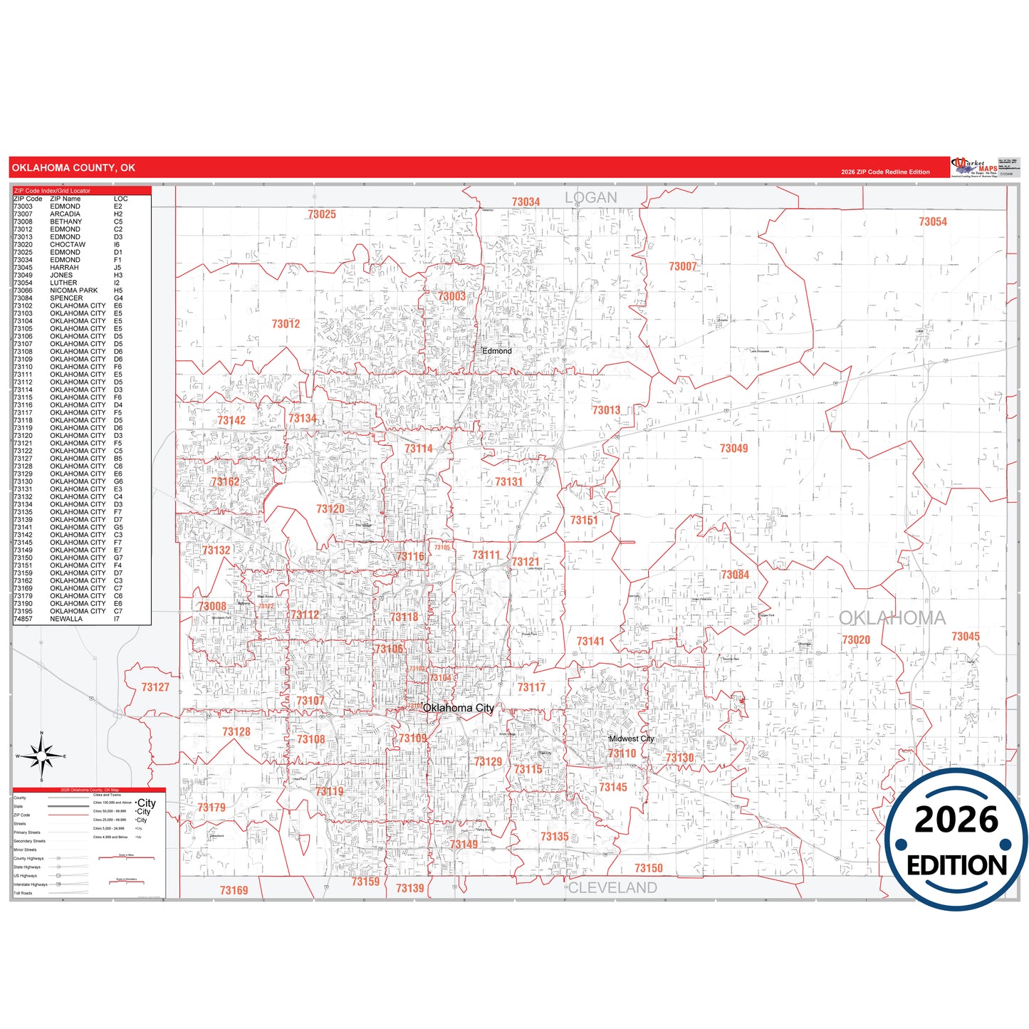Oklahoma County, OK Red Line 5 Digit ZIP Code Wall Map