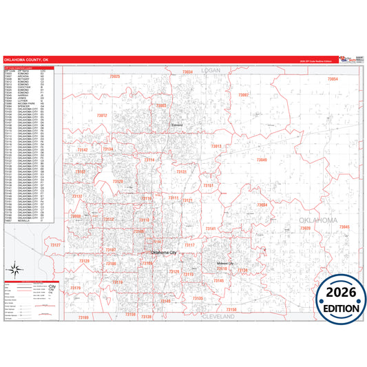 Oklahoma County, OK Red Line 5 Digit ZIP Code Wall Map