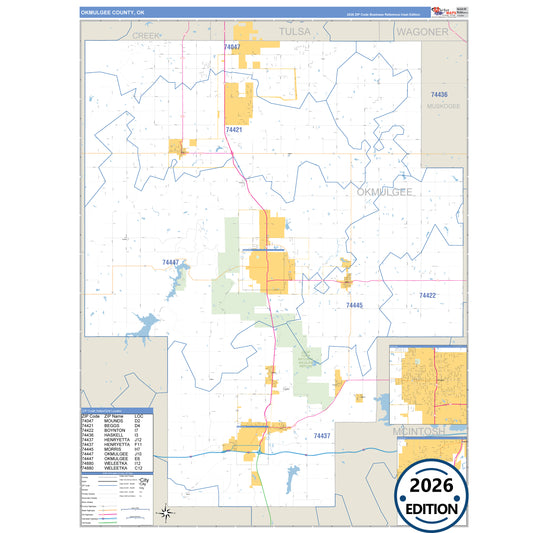 Okmulgee County, OK Business Reference 5 Digit ZIP Code Wall Map