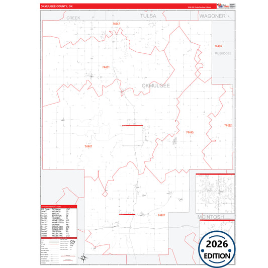 Okmulgee County, OK Red Line 5 Digit ZIP Code Wall Map