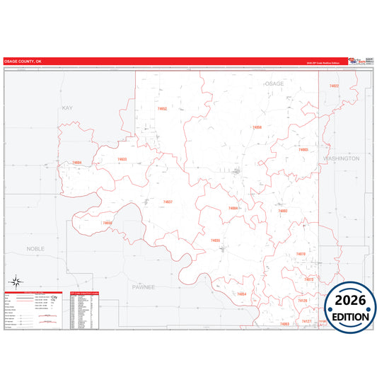 Osage County, OK Red Line 5 Digit ZIP Code Wall Map
