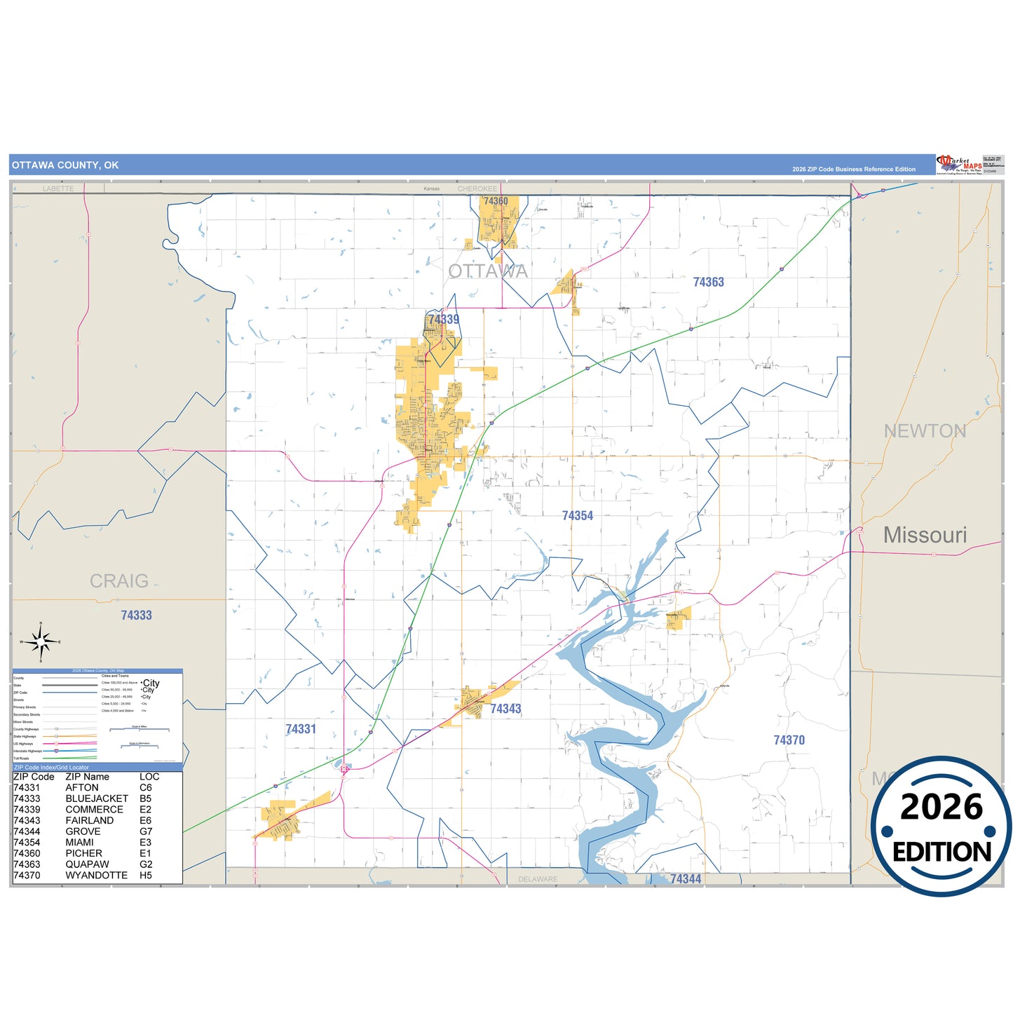 Ottawa County, OK Business Reference 5 Digit ZIP Code Wall Map