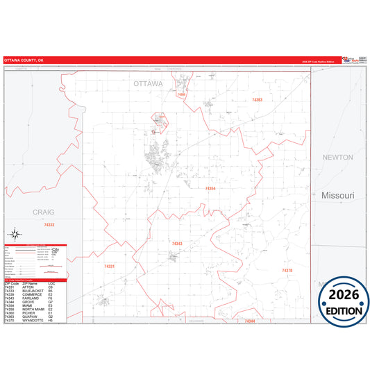 Ottawa County, OK Red Line 5 Digit ZIP Code Wall Map