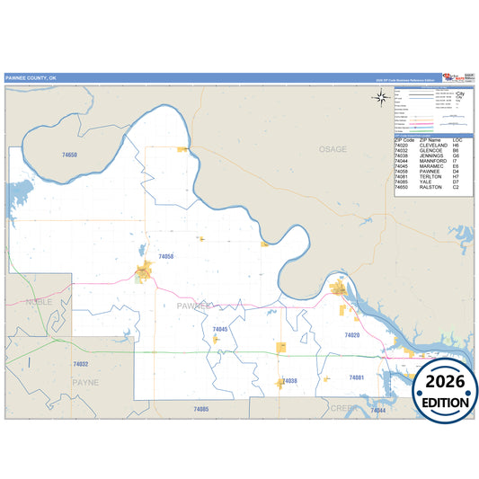 Pawnee County, OK Business Reference 5 Digit ZIP Code Wall Map