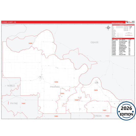 Pawnee County, OK Red Line 5 Digit ZIP Code Wall Map