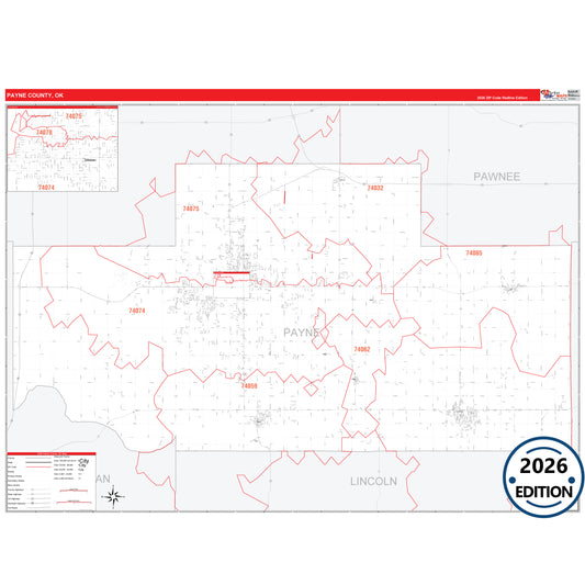 Payne County, OK Red Line 5 Digit ZIP Code Wall Map