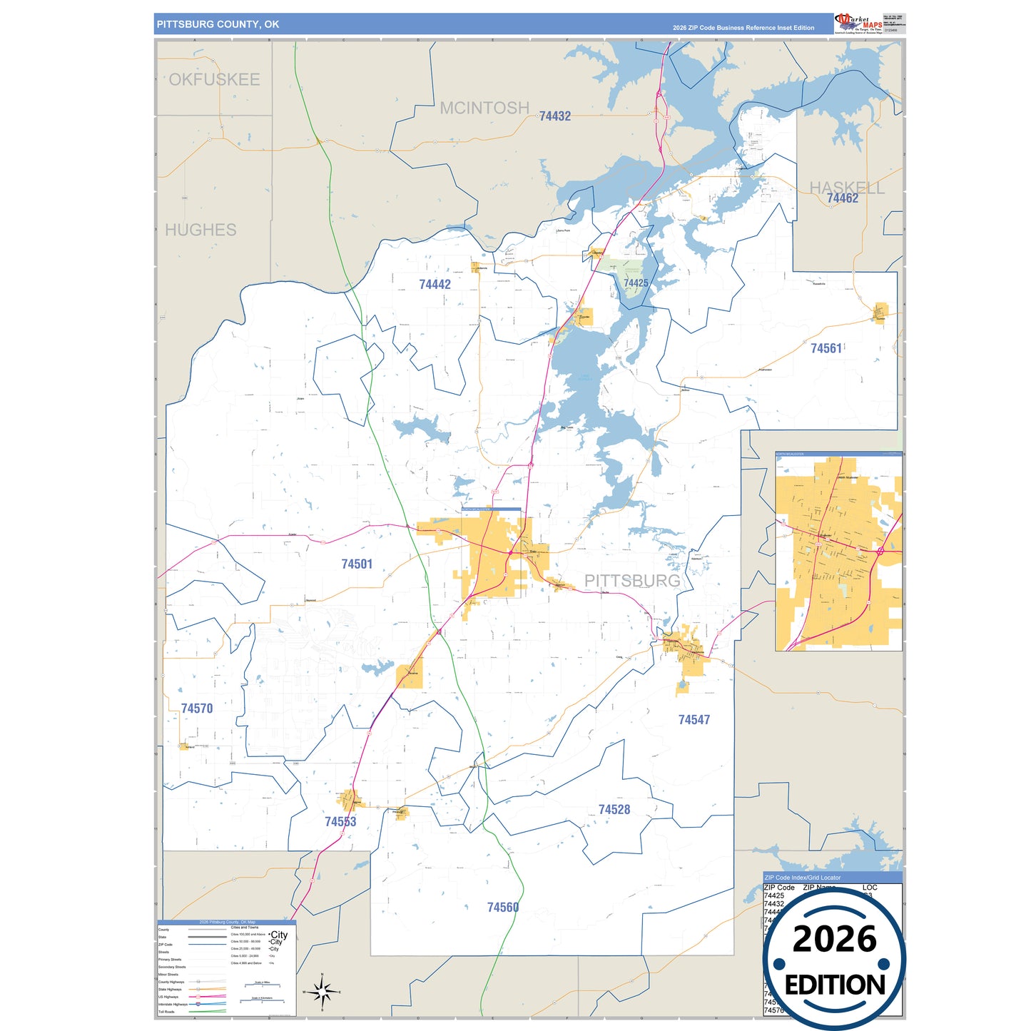 Pittsburg County, OK Business Reference 5 Digit ZIP Code Wall Map