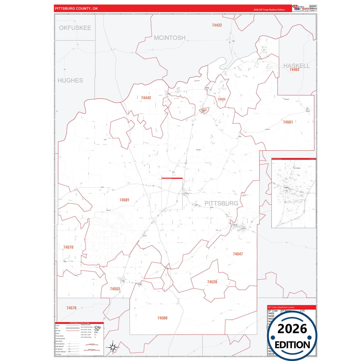 Pittsburg County, OK Red Line 5 Digit ZIP Code Wall Map