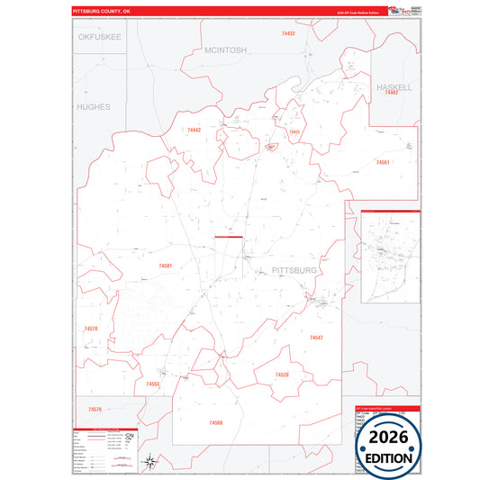 Pittsburg County, OK Red Line 5 Digit ZIP Code Wall Map