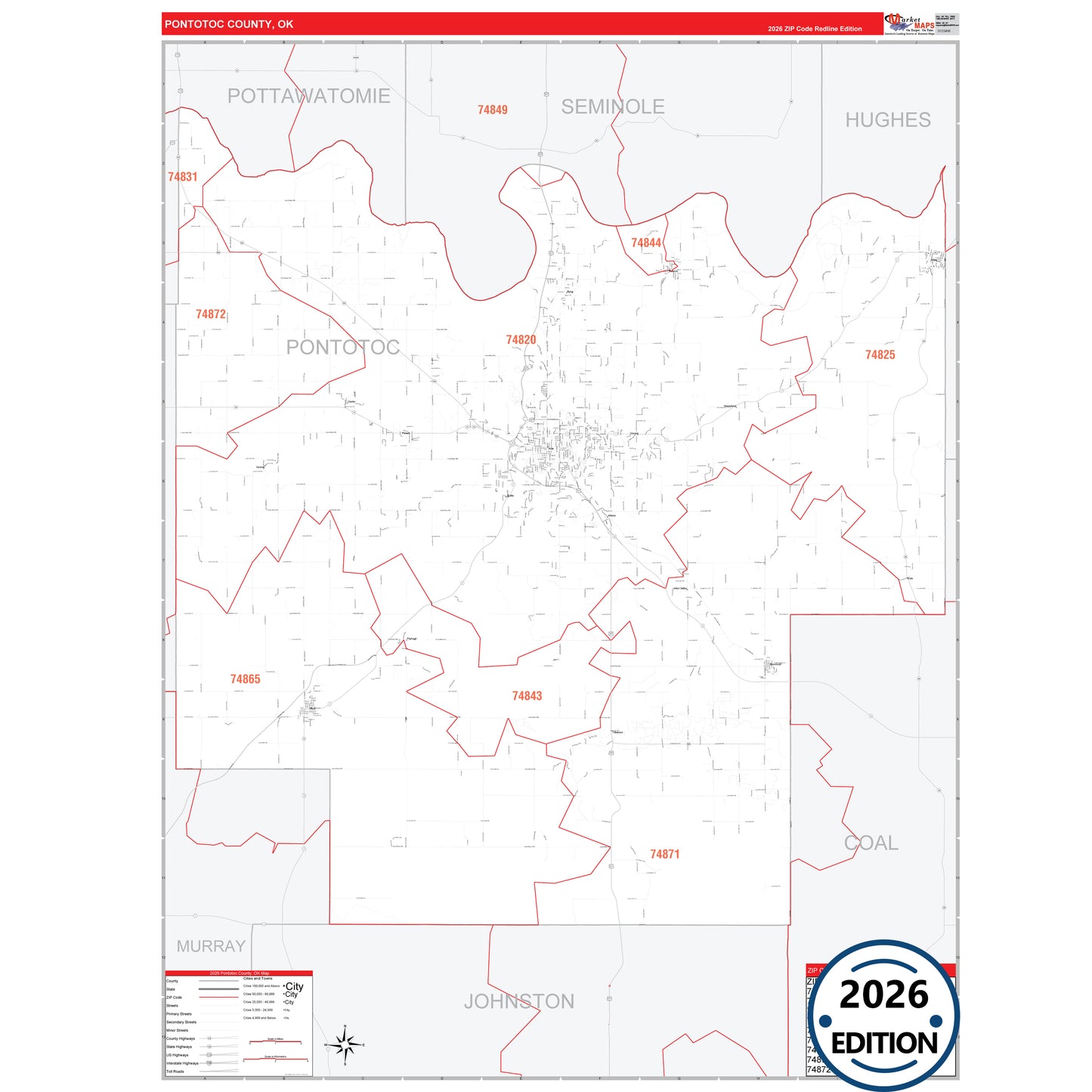 Pontotoc County, OK Red Line 5 Digit ZIP Code Wall Map