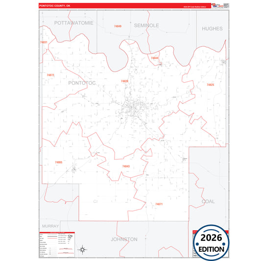 Pontotoc County, OK Red Line 5 Digit ZIP Code Wall Map