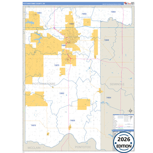 Pottawatomie County, OK Business Reference 5 Digit ZIP Code Wall Map
