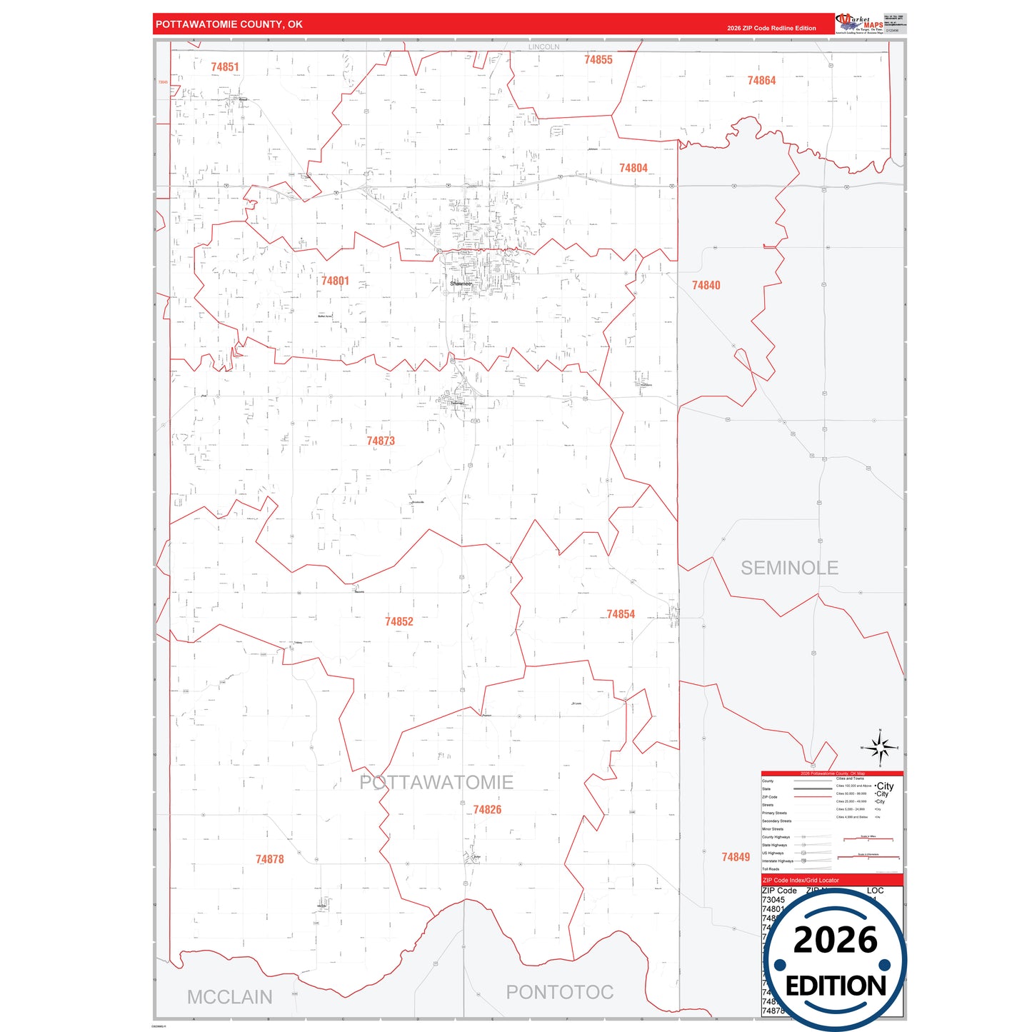 Pottawatomie County, OK Red Line 5 Digit ZIP Code Wall Map