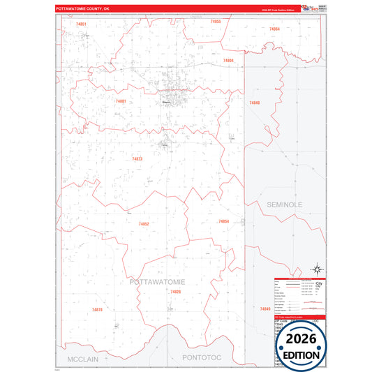 Pottawatomie County, OK Red Line 5 Digit ZIP Code Wall Map