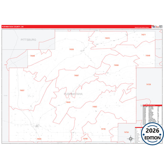 Pushmataha County, OK Red Line 5 Digit ZIP Code Wall Map