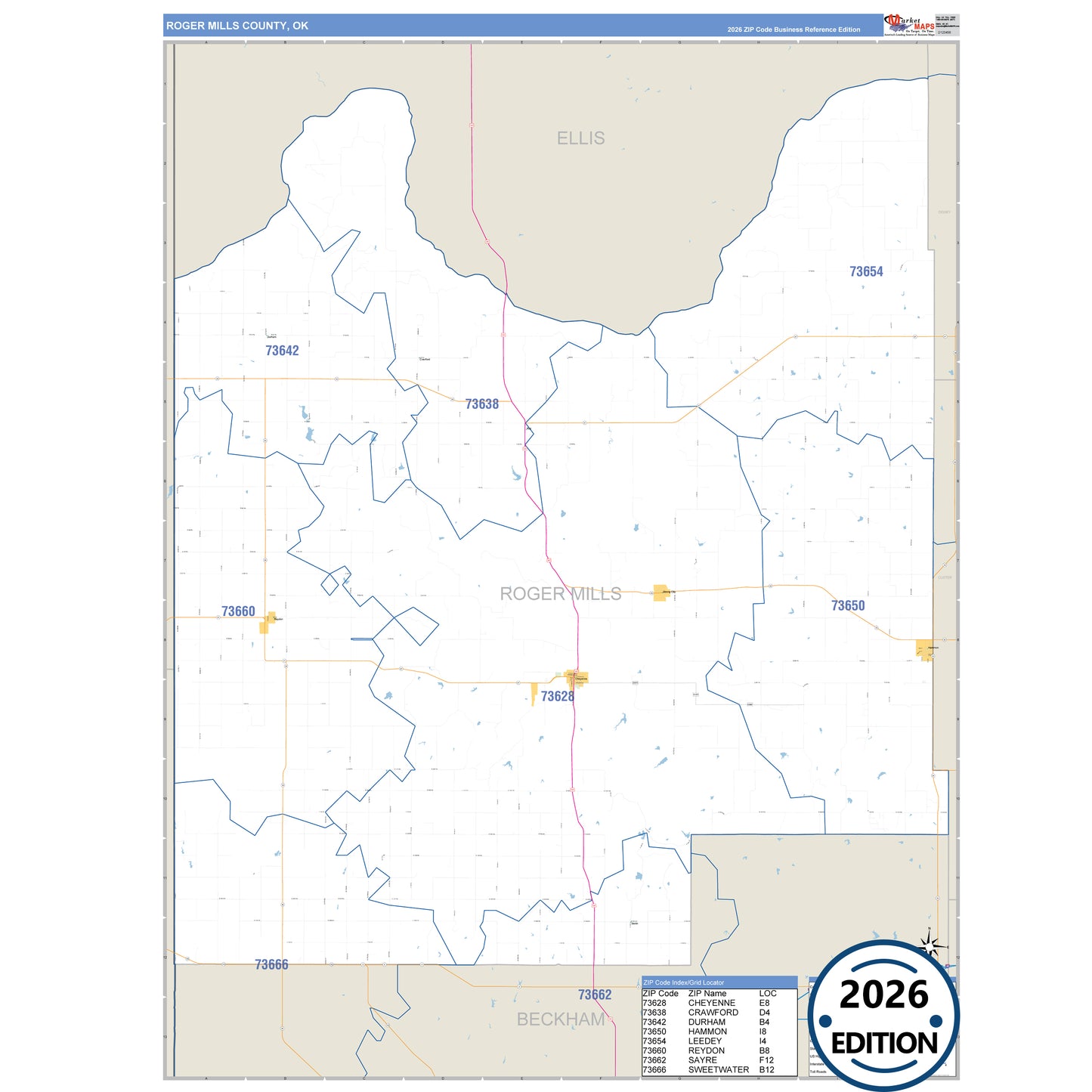 Roger Mills County, OK Business Reference 5 Digit ZIP Code Wall Map