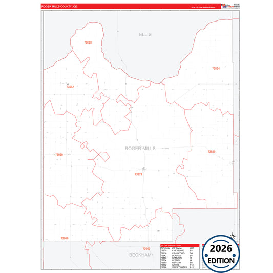 Roger Mills County, OK Red Line 5 Digit ZIP Code Wall Map