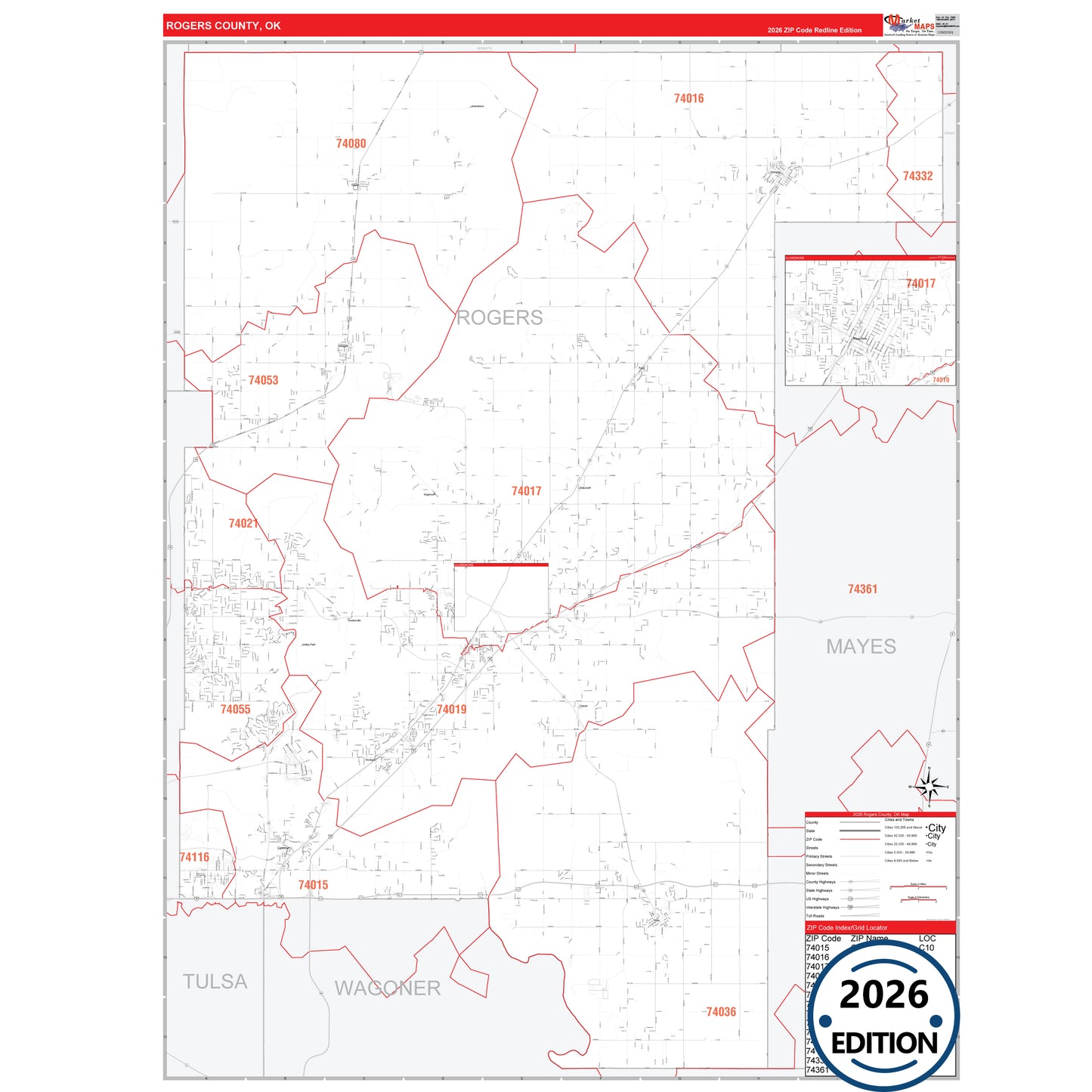 Rogers County, OK Red Line 5 Digit ZIP Code Wall Map