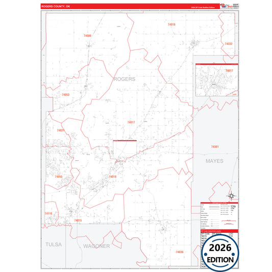 Rogers County, OK Red Line 5 Digit ZIP Code Wall Map