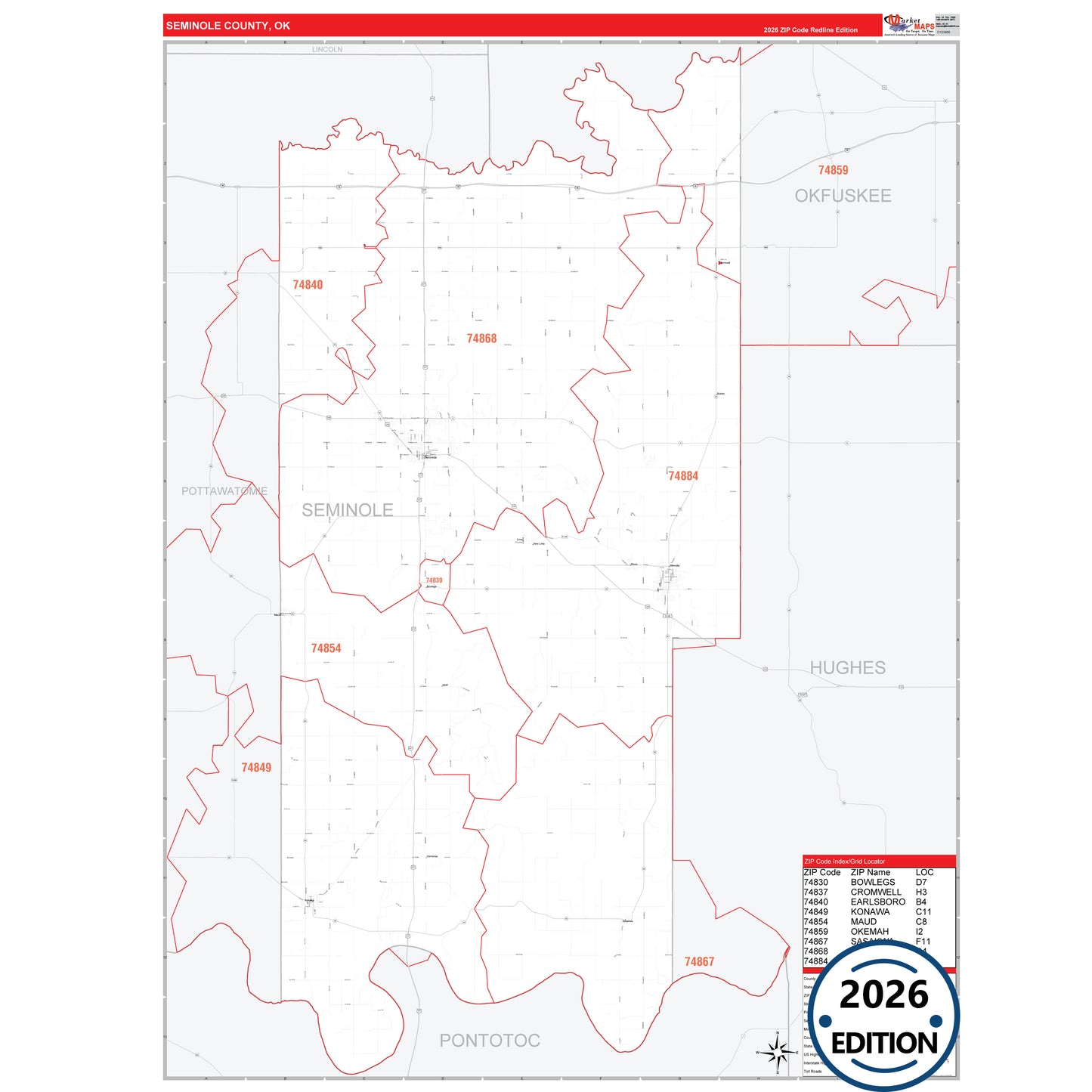 Seminole County, OK Red Line 5 Digit ZIP Code Wall Map