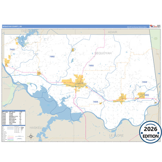 Sequoyah County, OK Business Reference 5 Digit ZIP Code Wall Map