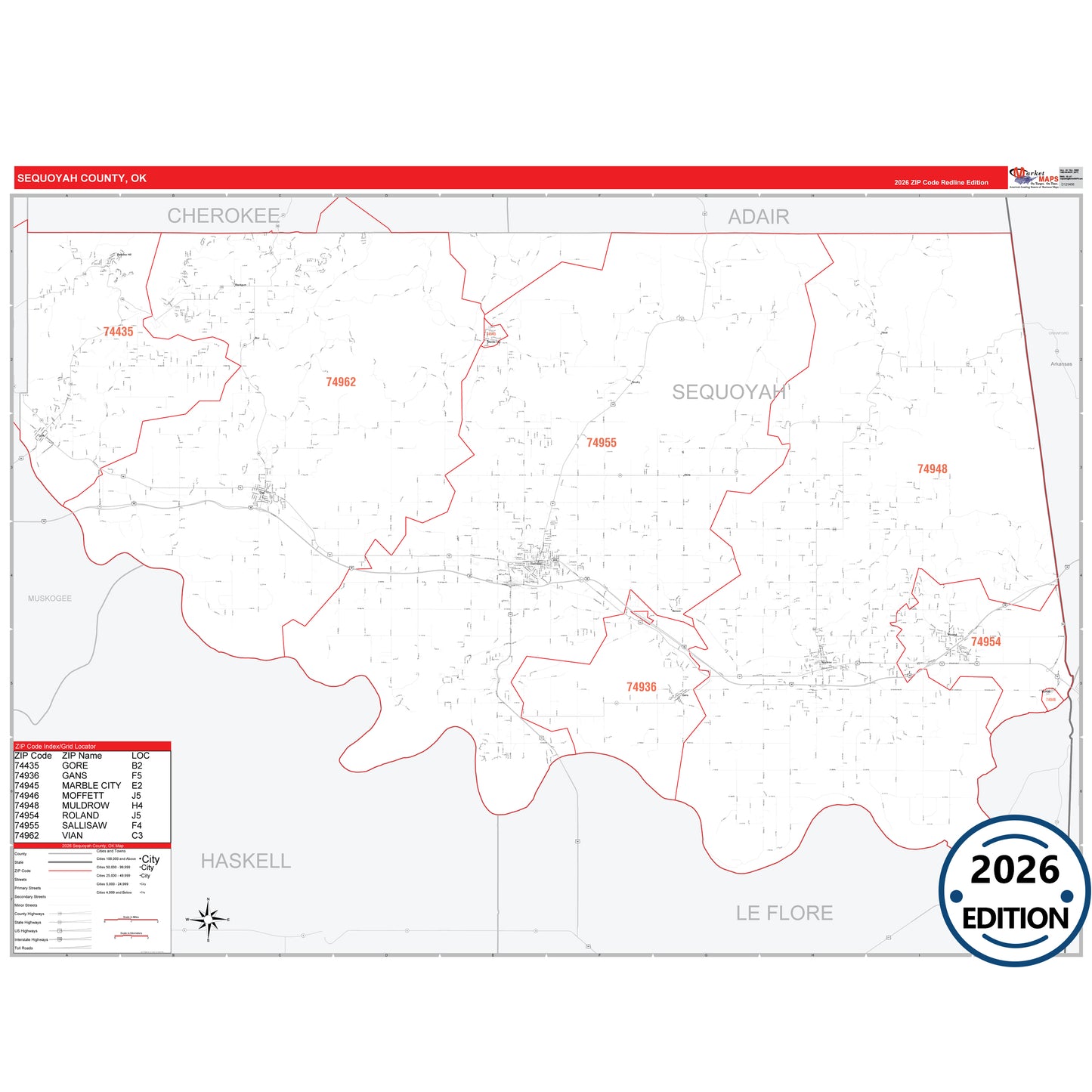 Sequoyah County, OK Red Line 5 Digit ZIP Code Wall Map