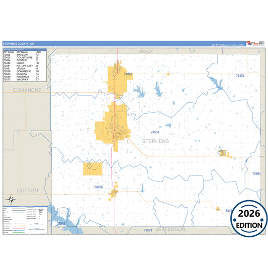 Stephens County, OK Business Reference 5 Digit ZIP Code Wall Map