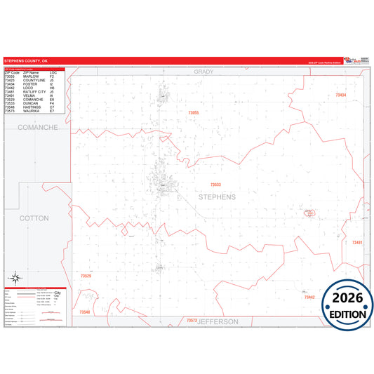 Stephens County, OK Red Line 5 Digit ZIP Code Wall Map