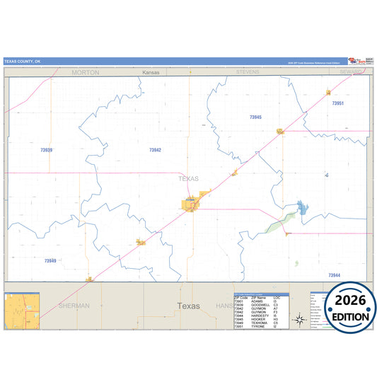 Texas County, OK Business Reference 5 Digit ZIP Code Wall Map