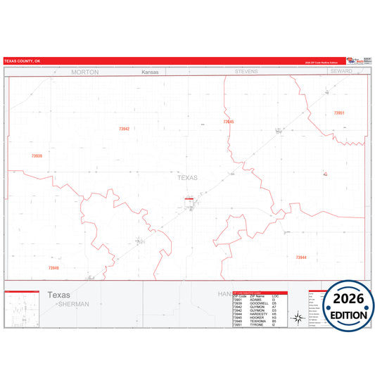 Texas County, OK Red Line 5 Digit ZIP Code Wall Map