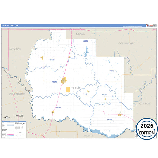 Tillman County, OK Business Reference 5 Digit ZIP Code Wall Map