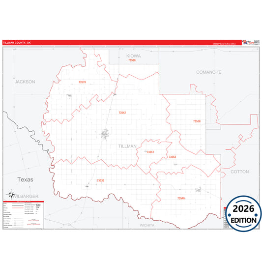 Tillman County, OK Red Line 5 Digit ZIP Code Wall Map