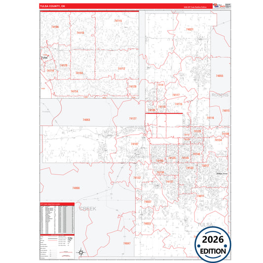 Tulsa County, OK Red Line 5 Digit ZIP Code Wall Map
