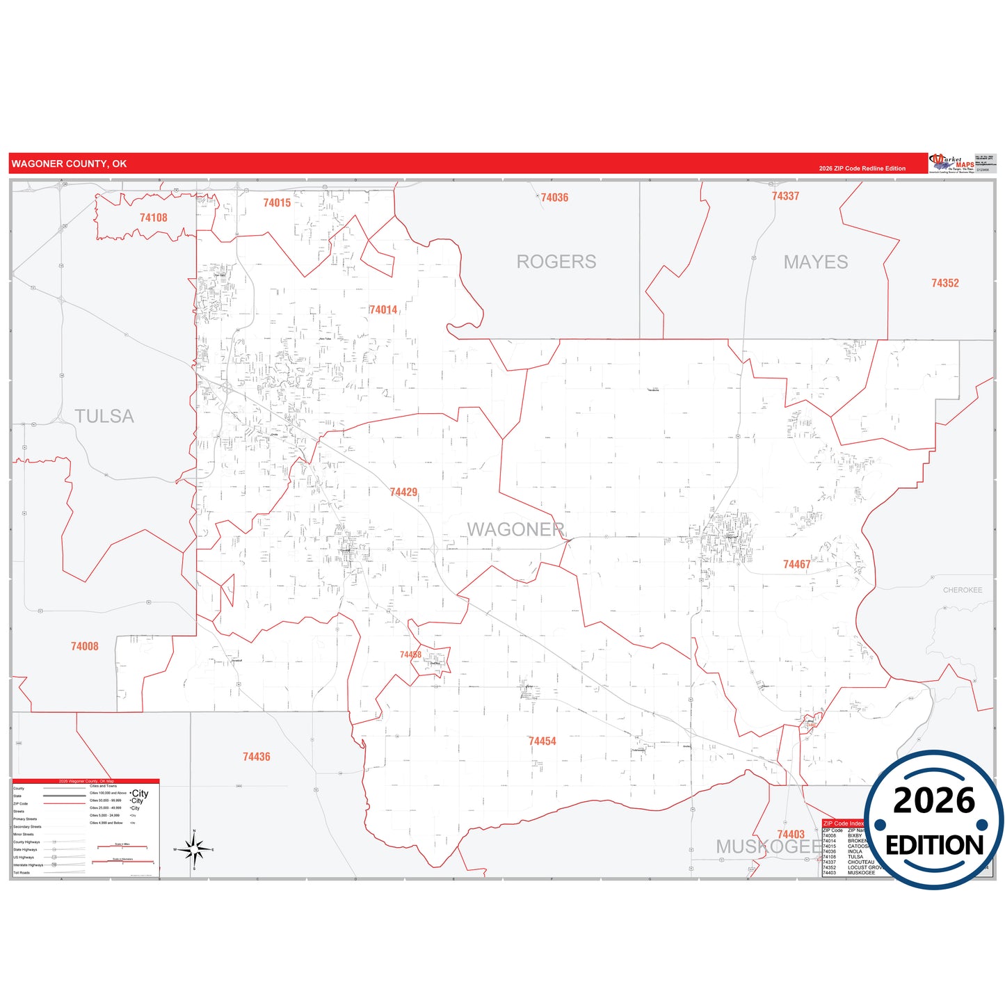 Wagoner County, OK Red Line 5 Digit ZIP Code Wall Map