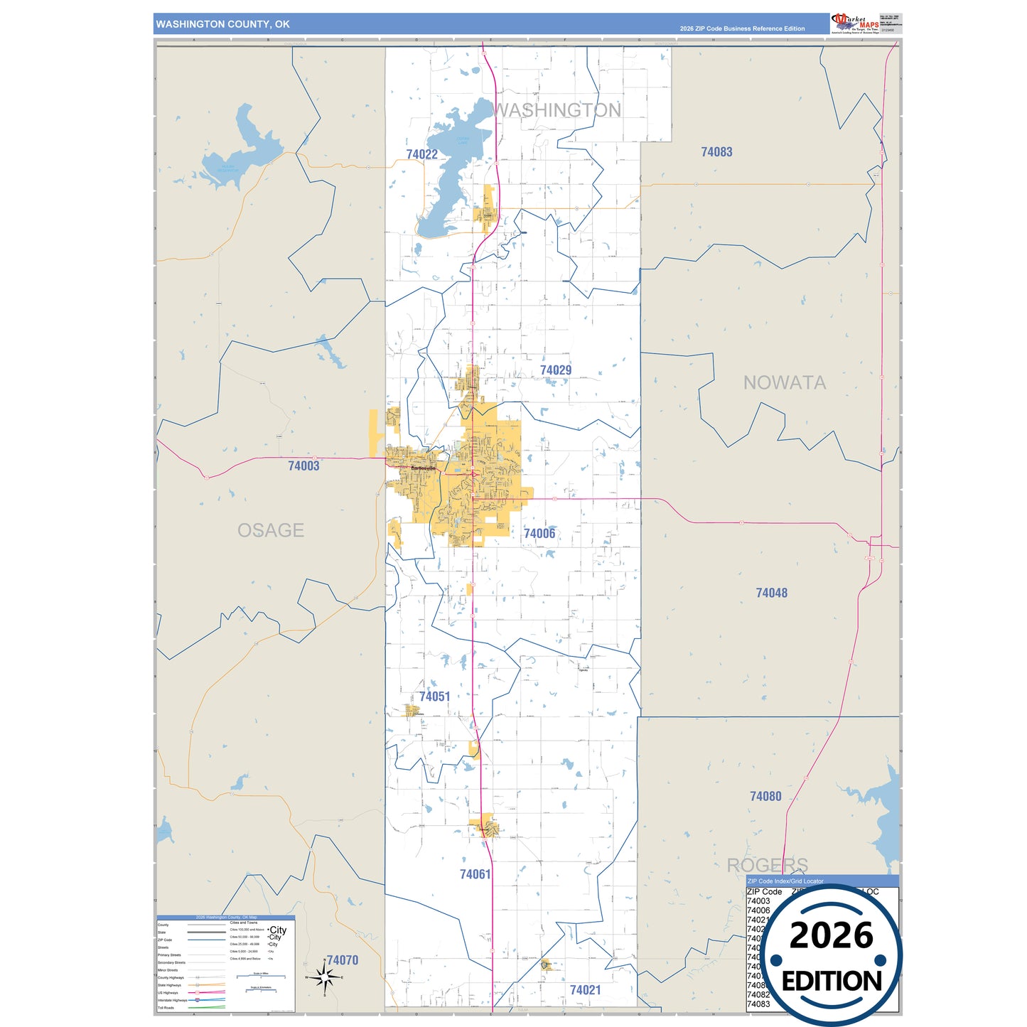 Washington County, OK Business Reference 5 Digit ZIP Code Wall Map
