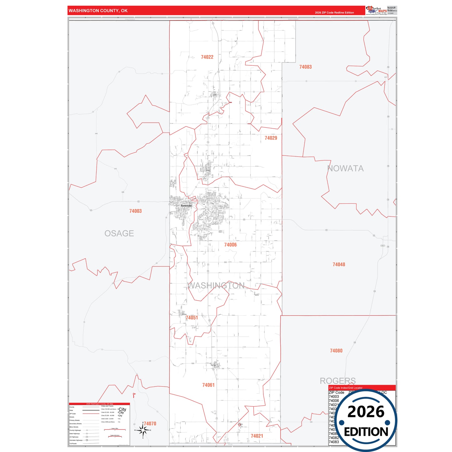 Washington County, OK Red Line 5 Digit ZIP Code Wall Map