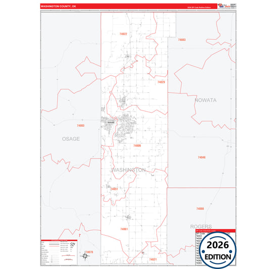 Washington County, OK Red Line 5 Digit ZIP Code Wall Map